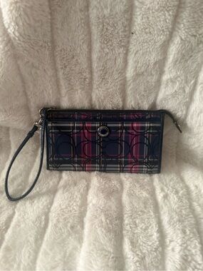 Coach Plaid Signature Wristlet in Navy and Pink